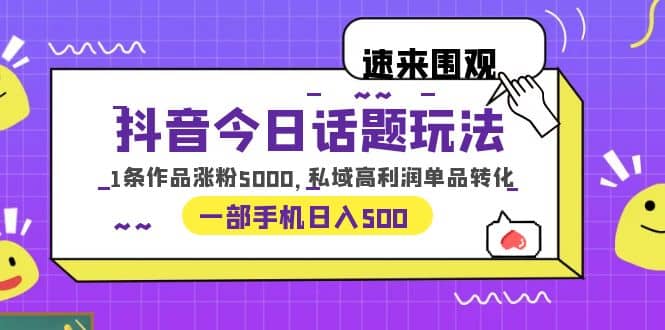 抖音今日话题玩法，1条作品涨粉5000，私域高利润单品转化 一部手机日入500-云创网