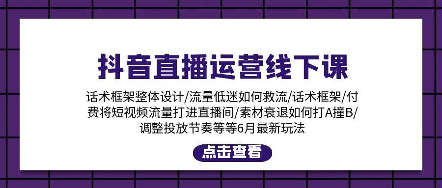 抖音直播运营线下课：话术框架/付费流量直播间/素材A撞B/等6月新玩法-云创网