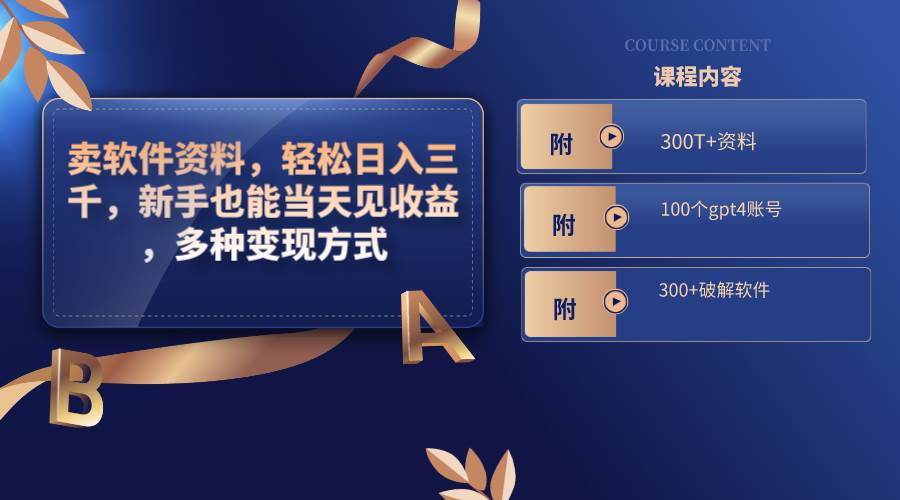 卖软件资料，轻松日入三千，新手也能当天见收益，多种变现方式，（附300T+资料，100个gpt4账号，300+破解软件）-云创网