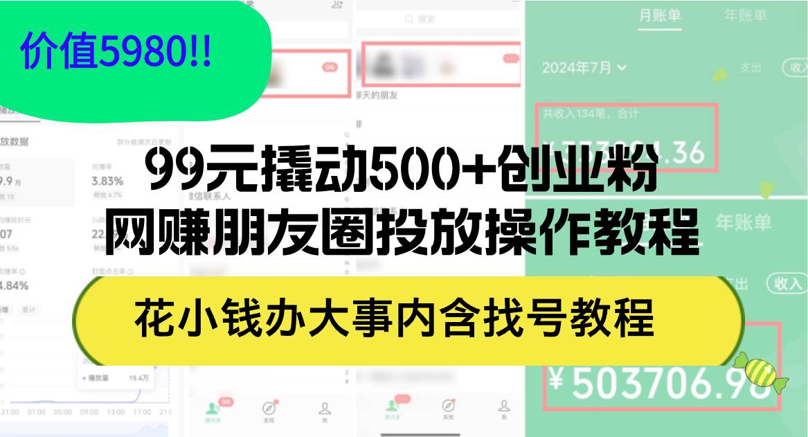 99元撬动500+创业粉，网赚朋友圈投放操作教程价值5980！花小钱办大事内…-云创网